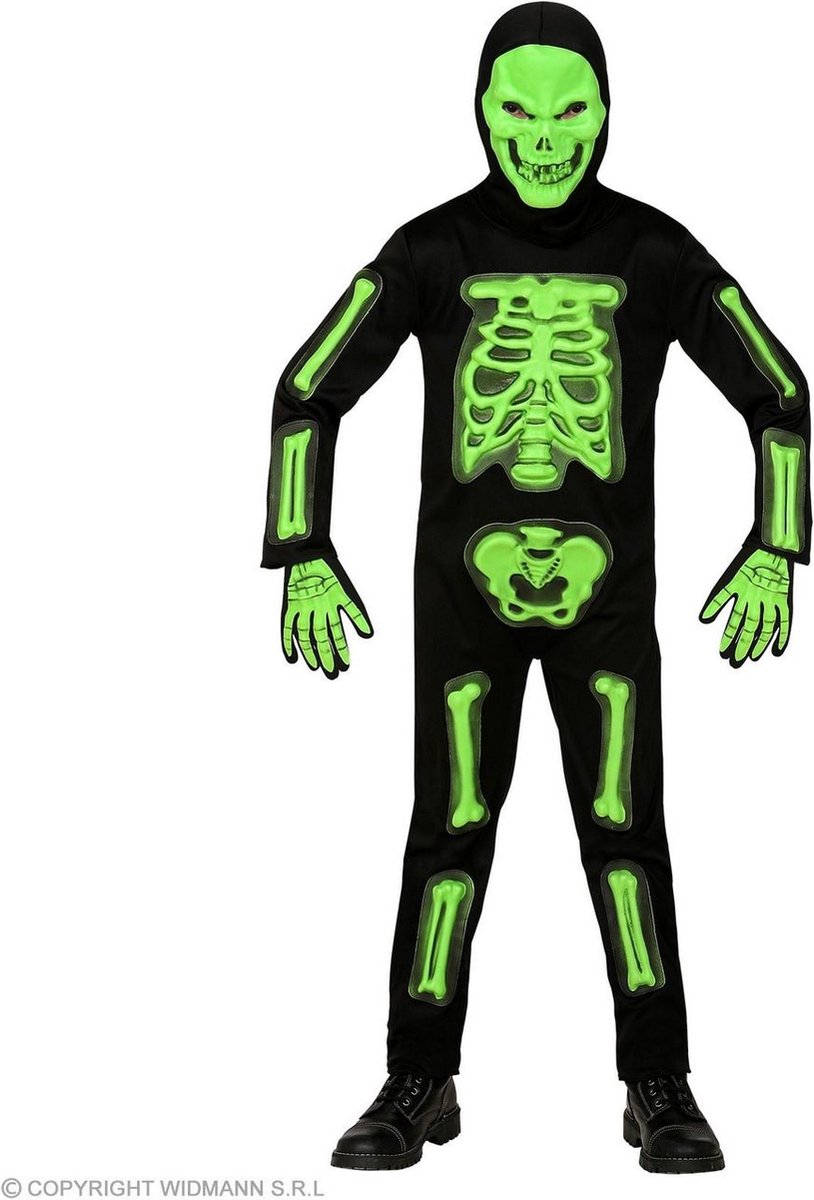 Spook & Skelet Kostuum | Glow In Het Volle Maanlicht Skelet Kind Kostuum | Maat 128 | Halloween | Verkleedkleding